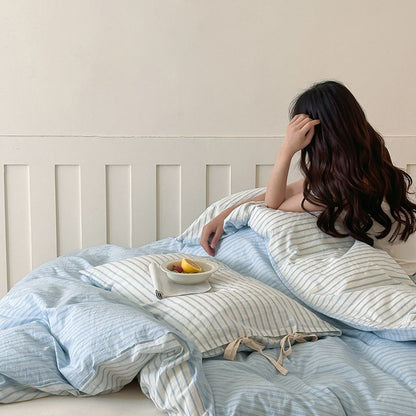 Washed Cotton Bow-Tie Pinstripe Bedding Set - Blue