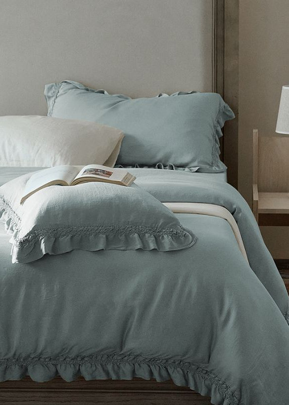 Ruffle Lyocell Bedding Set, Sea Blue, bed arrangement - Roomden