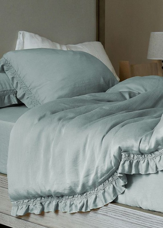 Ruffle Lyocell Bedding Set, Sea Blue, fabric and pillow details - Roomden