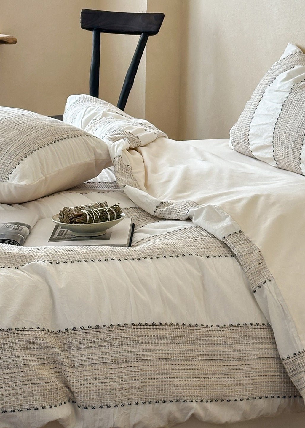 Solmere Striped Waffle-Weave Cotton Bedding Set – ivory stripe side view of the duvet and coordinating sheet - Roomden