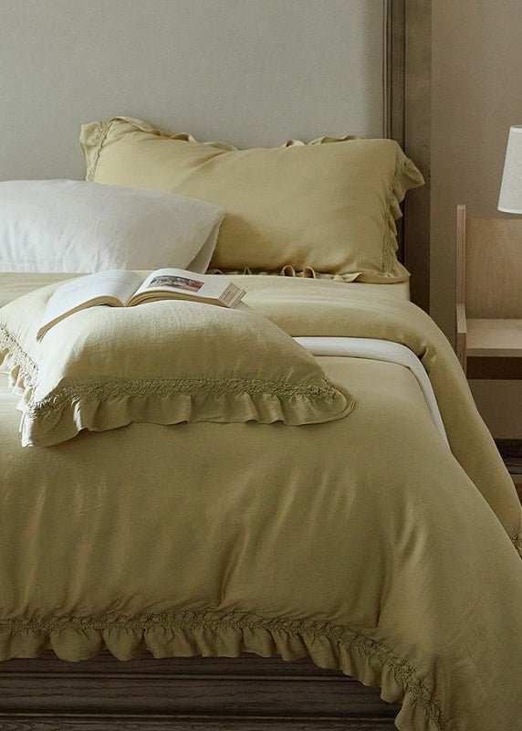 Ruffle Lyocell Bedding Set, Mustard, fabric and pillow details - Roomden