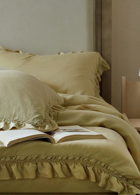 Ruffle Lyocell Bedding Set, Mustard, bed arrangement - Roomden