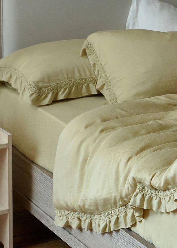 Ruffle Lyocell Bedding Set, Mustard, fabric and pillow details - Roomden