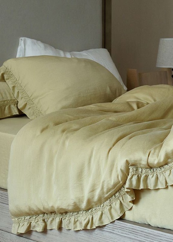 Ruffle Lyocell Bedding Set, Mustard, fabric and pillow details - Roomden