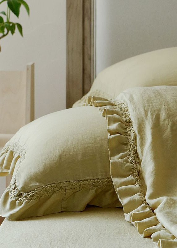 Ruffle Lyocell Bedding Set, Mustard, fabric and pillow details - Roomden