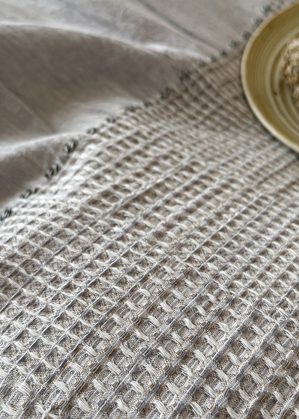 Solmere Striped Waffle-Weave Cotton Bedding Set – fog grey stripe close-up of the waffle weave cotton texture - Roomden