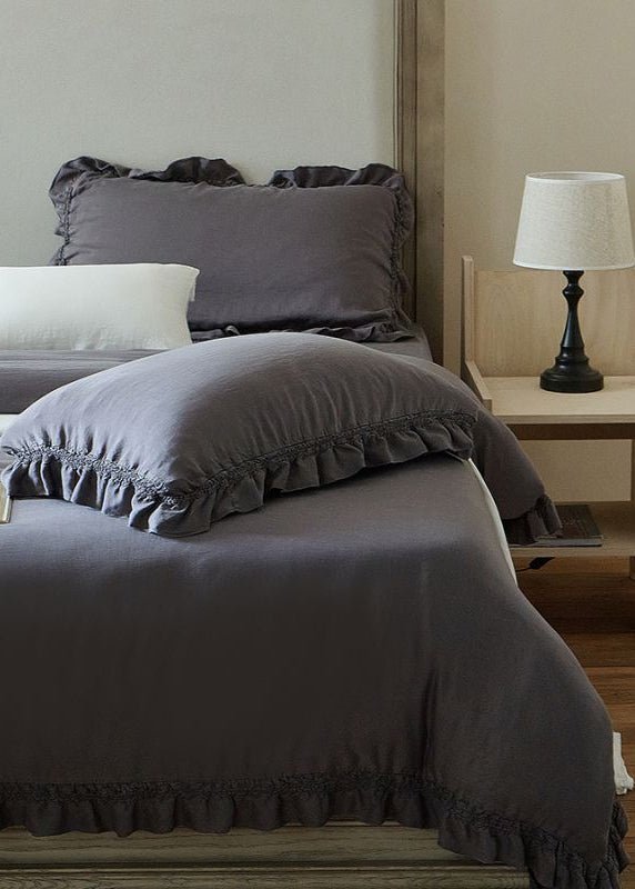 Ruffle Lyocell Bedding Set, Slate, fabric and pillow details - Roomden