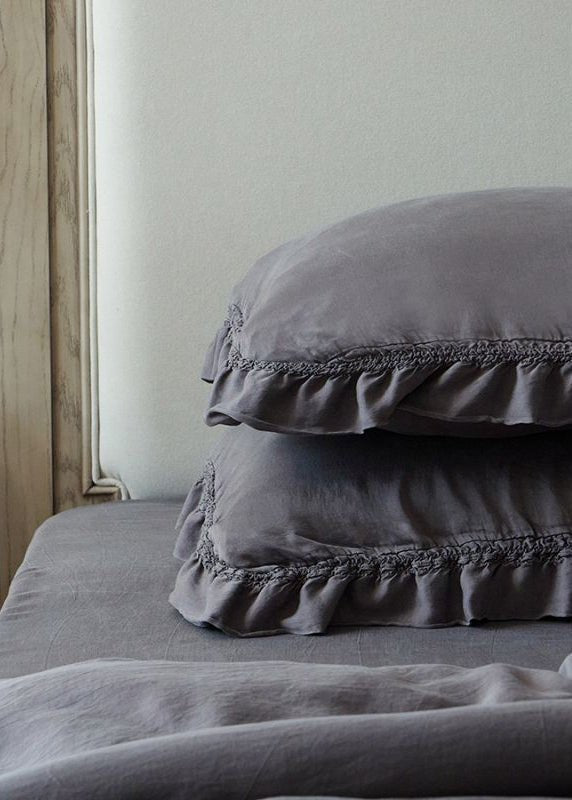 Ruffle Lyocell Bedding Set, Slate, fabric and pillow details - Roomden