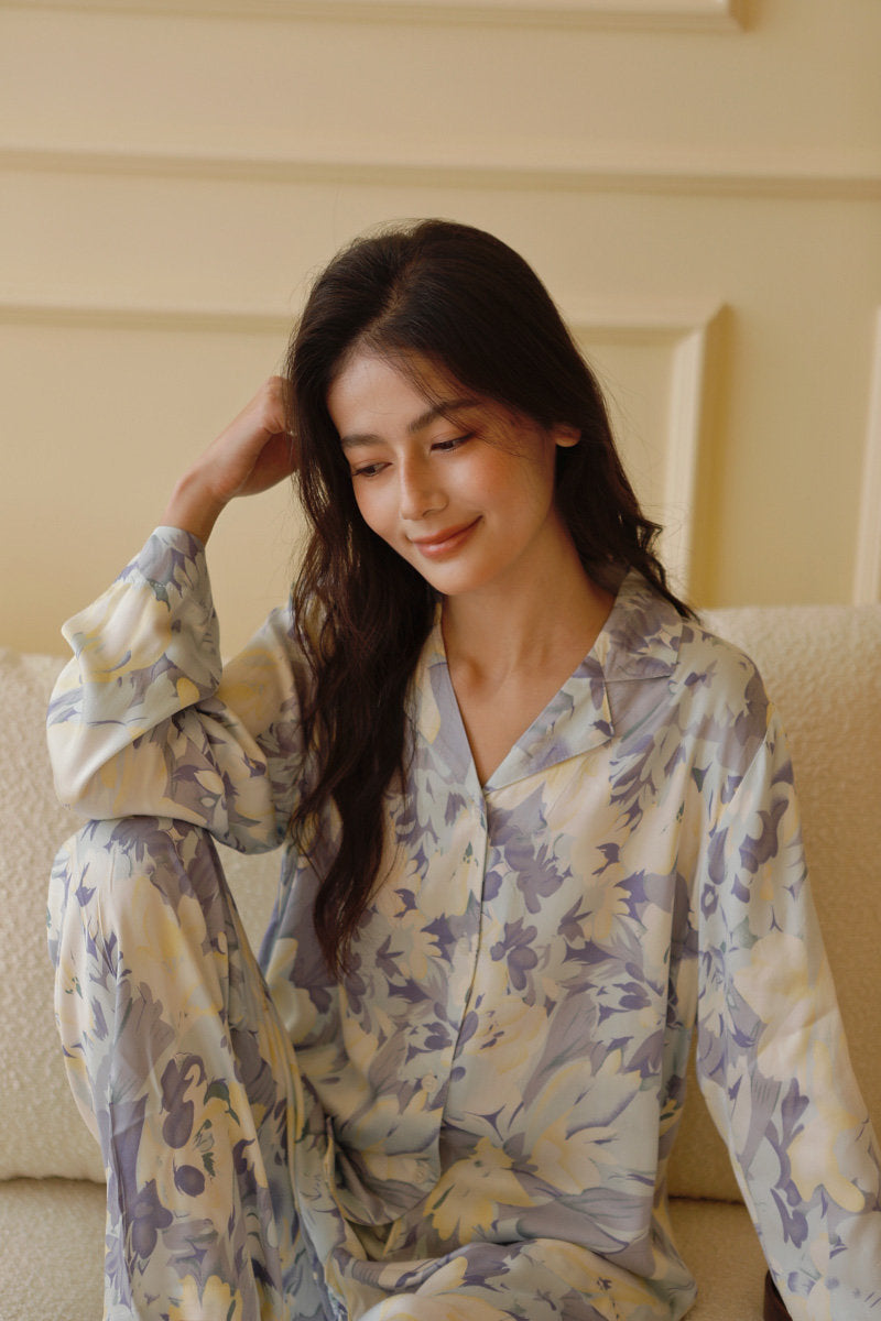 Blue Purple Floral Satin Long Sleeve Pajama Set