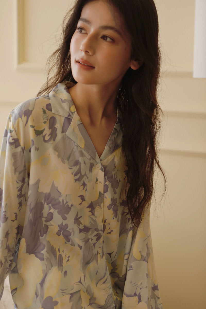Blue Purple Floral Satin Long Sleeve Pajama Set