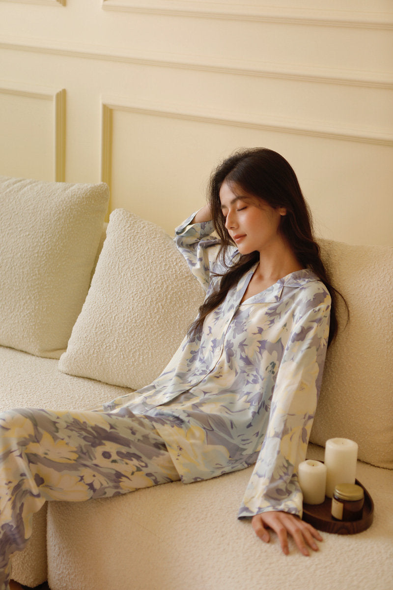 Blue Purple Floral Satin Long Sleeve Pajama Set