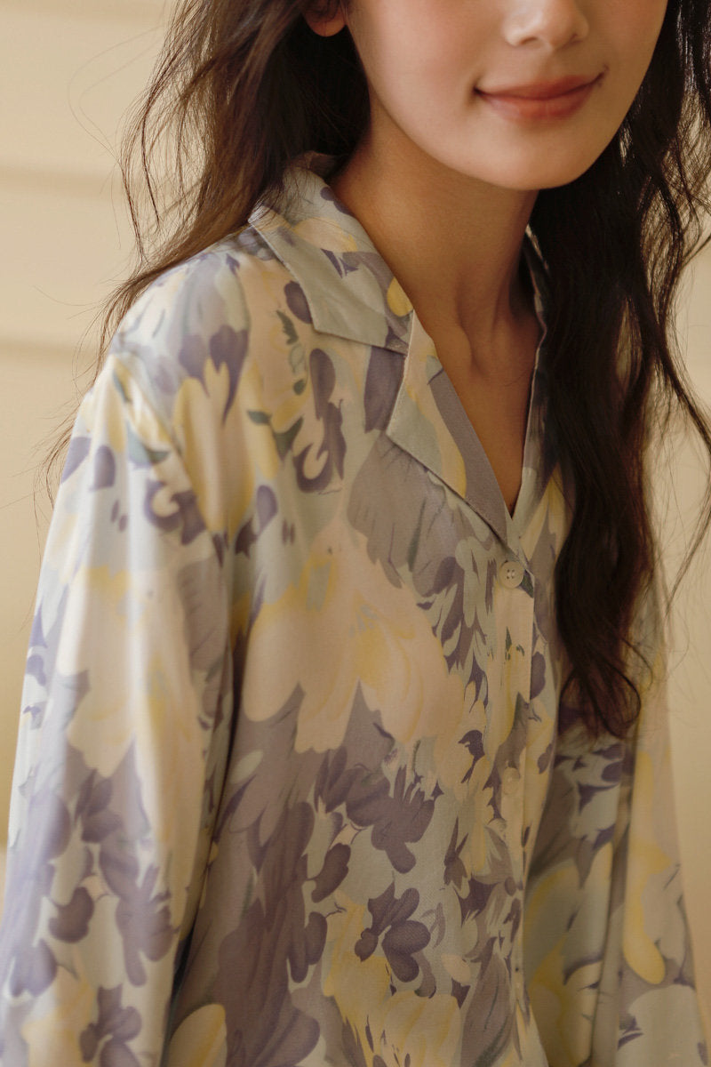Blue Purple Floral Satin Long Sleeve Pajama Set