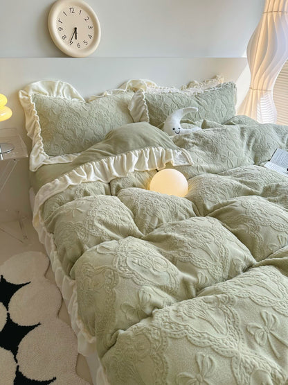 Light green fleece bedding set with embossed bow and floral texture - RoomDen