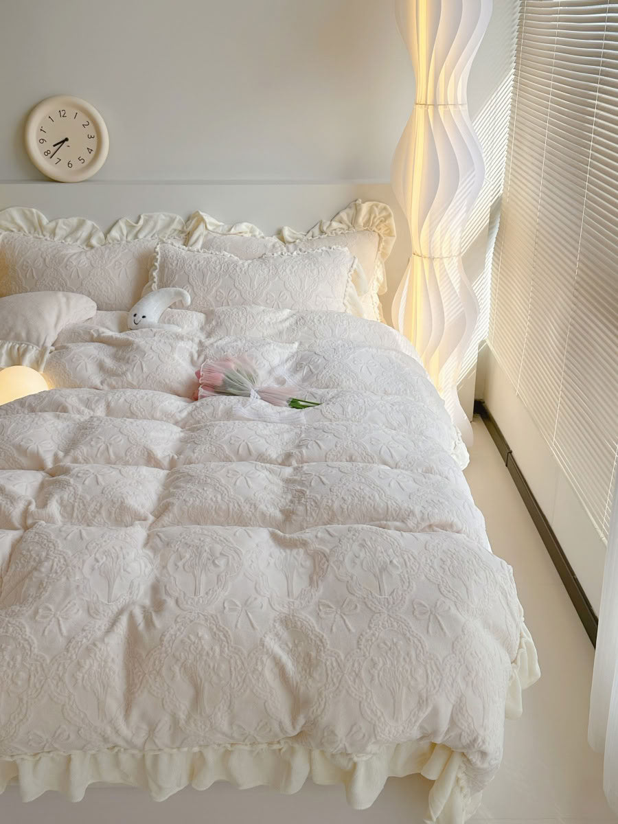 Romantic cream white bedding set with ruffled edges and warm glowing light - RoomDen