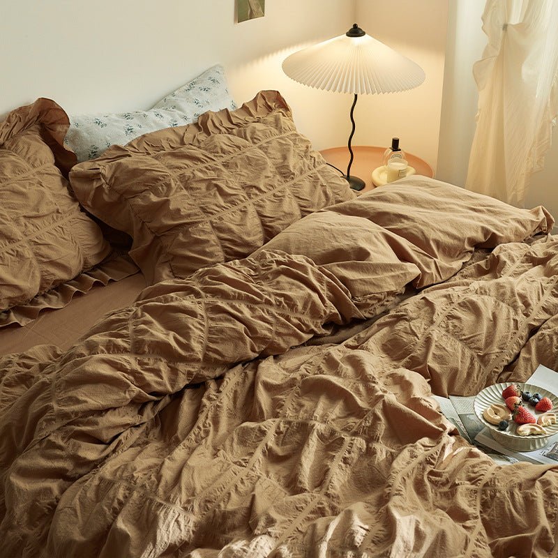 Odessa Ruffled Cotton Blend Bedding Set – pumpkin-brown duvet and pillows in warm window light - Roomden
