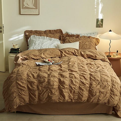 Odessa Ruffled Cotton Blend Bedding Set – full pumpkin-brown bed with matching gathered pillows - Roomden