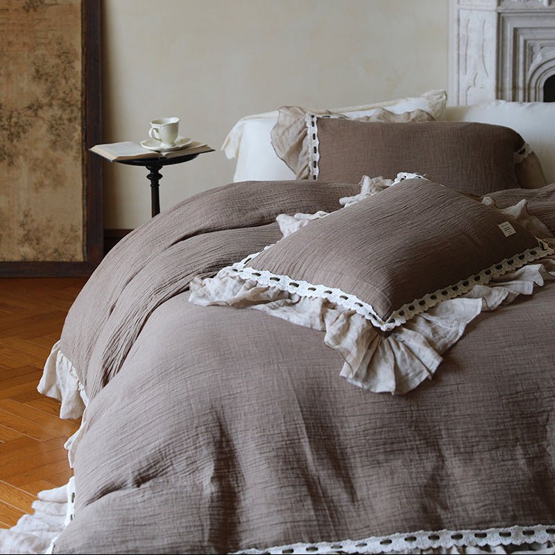 Elderfield Ruffle Lace Cotton-Linen Bedding Set – cocoa bedding with pale gathered trim and matching pillows - Roomden