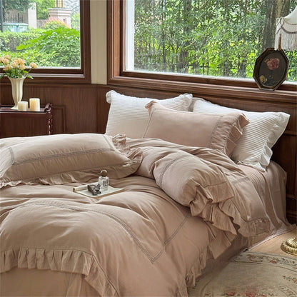 Petrina Ruffle Double Gauze Bedding Set - Mocha Taupe