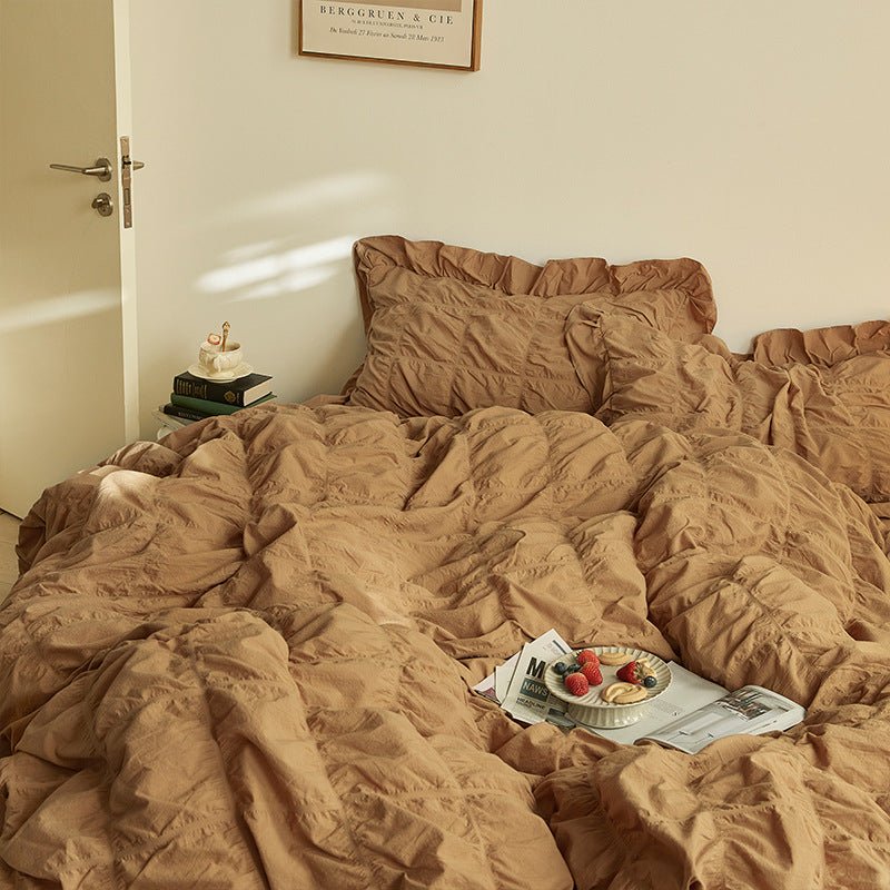 Odessa Ruffled Cotton Blend Bedding Set – pumpkin-brown ruffled bedding viewed from the side - Roomden
