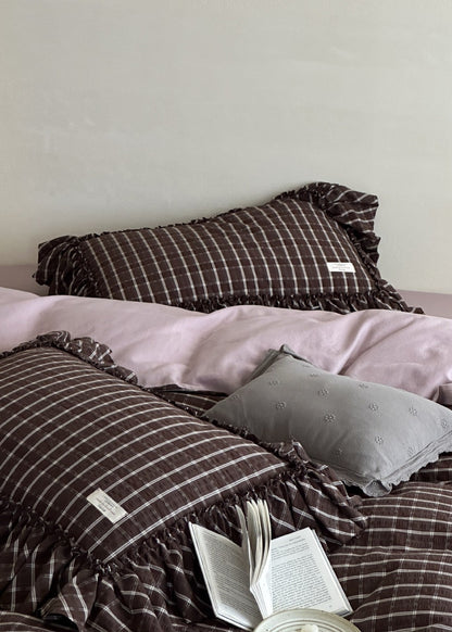 Ashvale Cocoa Windowpane Washed Cotton Bedding Set - room scene