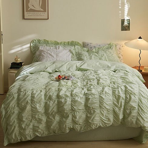 Odessa Ruffled Cotton Blend Bedding Set – full mint-green bed with gathered texture and matching pillows - Roomden