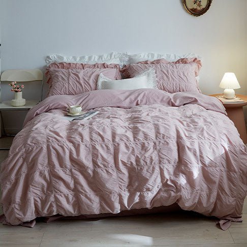Odessa Ruffled Cotton Blend Bedding Set – full dusty-pink ruffled bed with matching pillows - Roomden