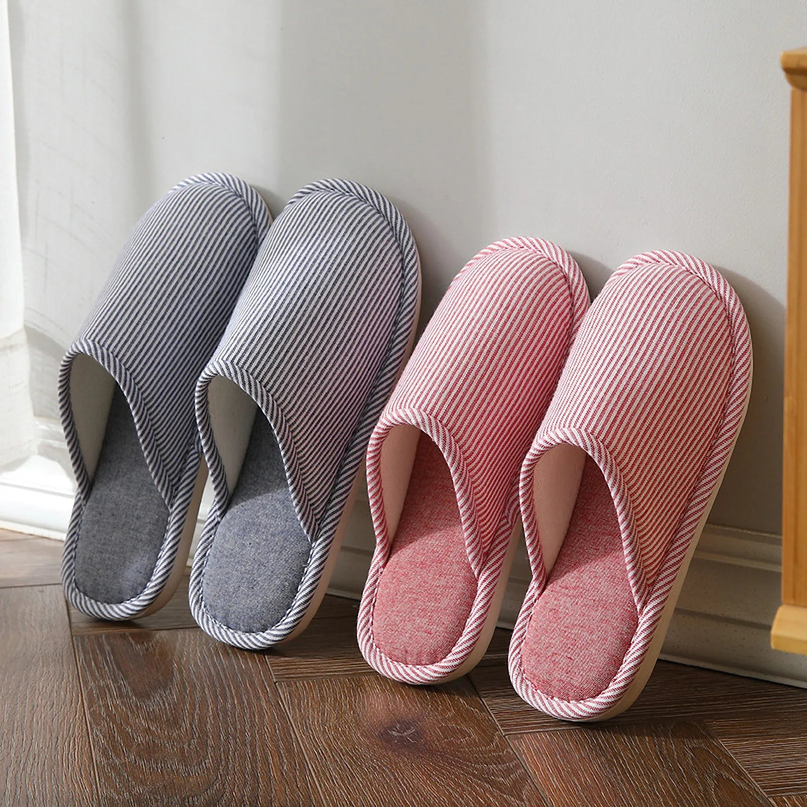 Blue and Red Striped Cotton House Slippers leaning against a white wall - RoomDen