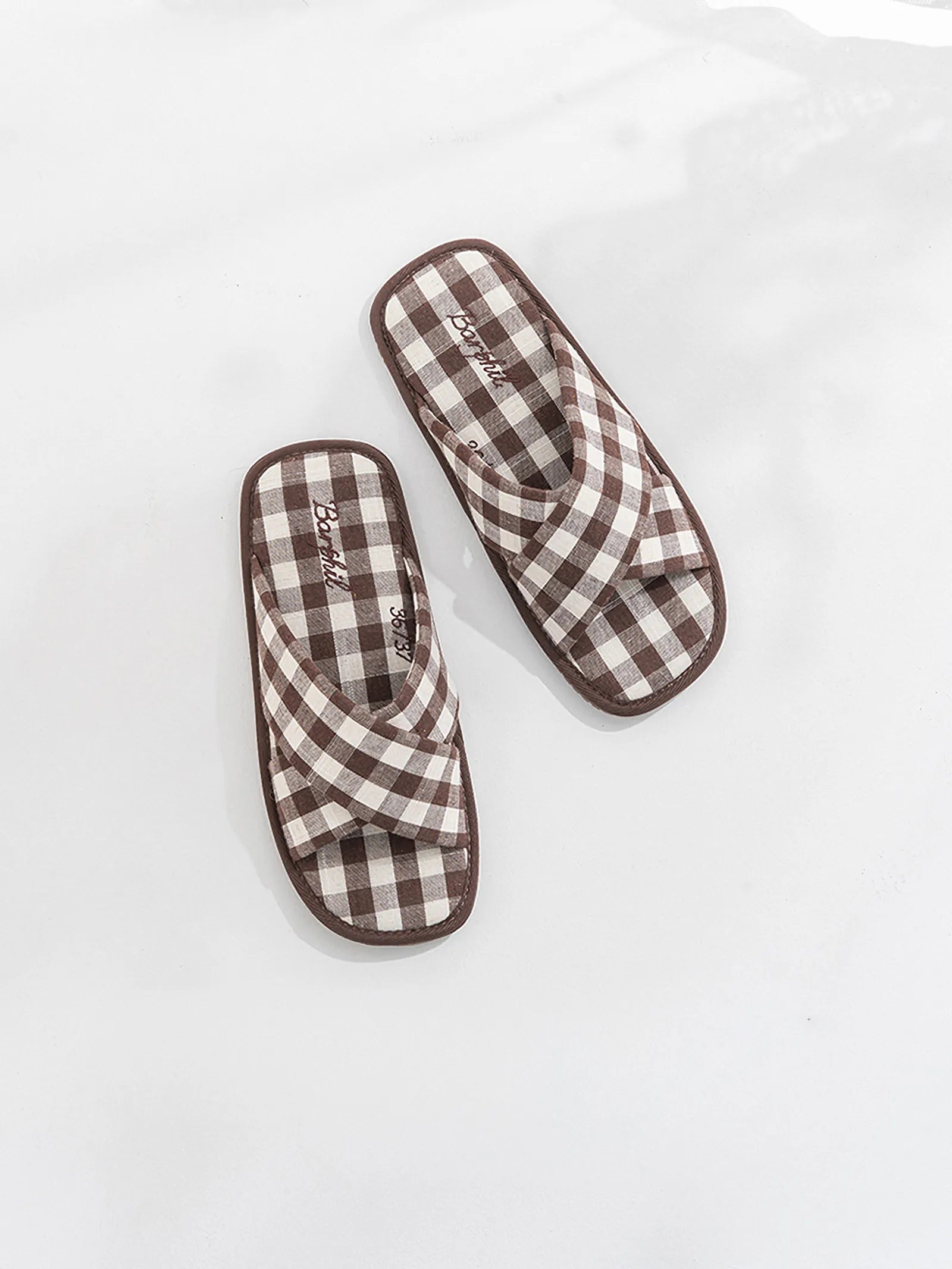 Top down view of Brown Gingham Cotton House Slippers showing cross band design - RoomDen