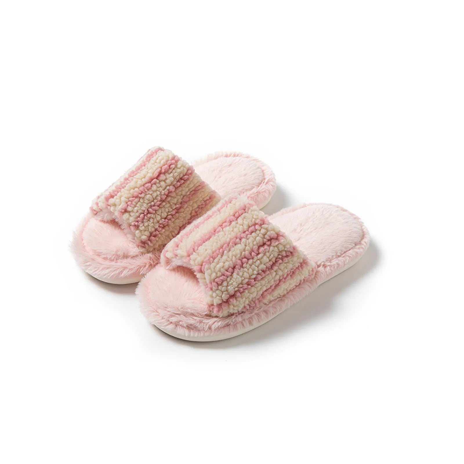 Pair of Pink and Beige striped fuzzy slides isolated on white background - RoomDen