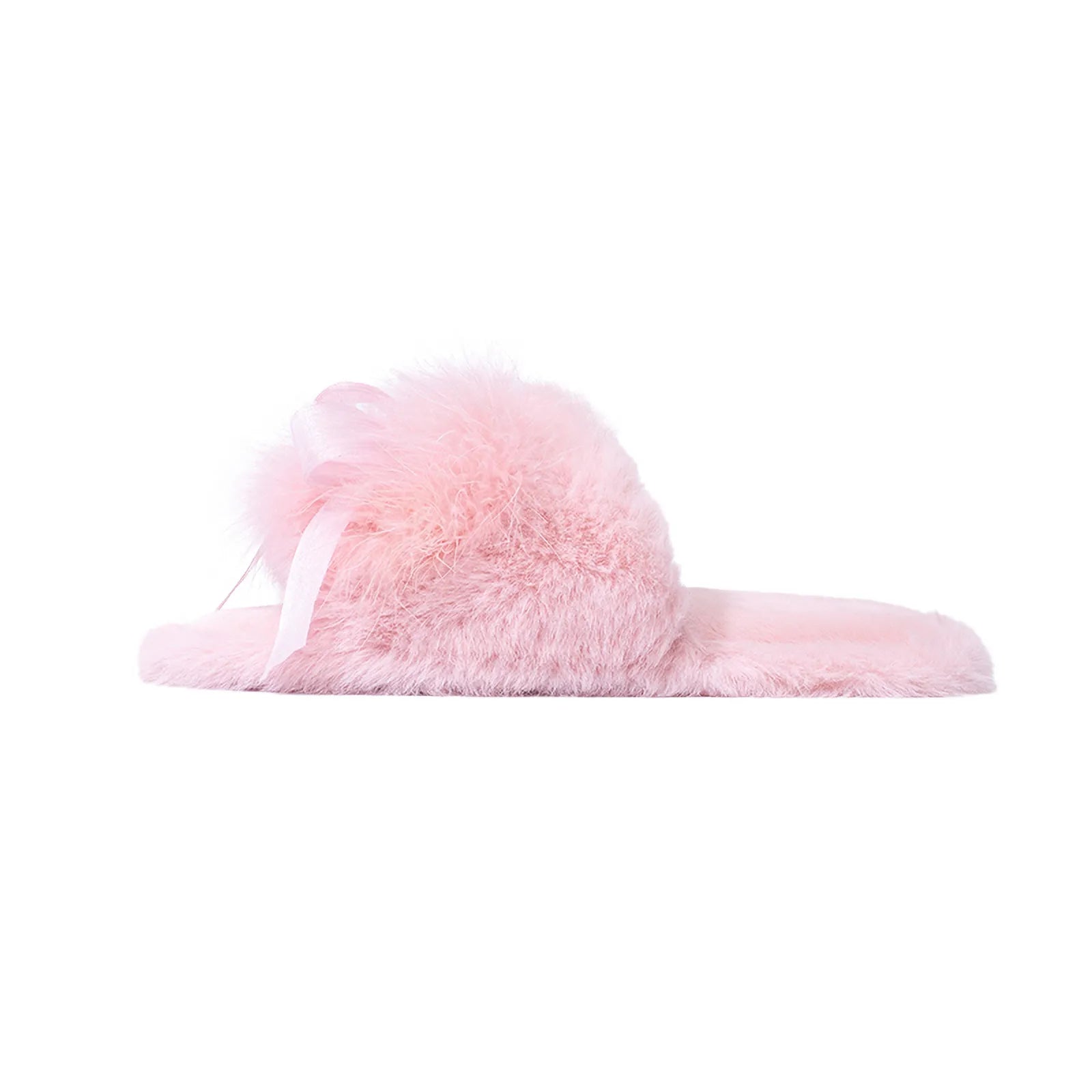Side profile of Baby Pink fluffy slippers showing open toe design