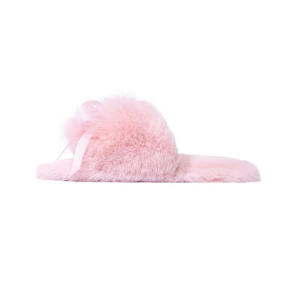 Side profile of Baby Pink fluffy slippers showing open toe design