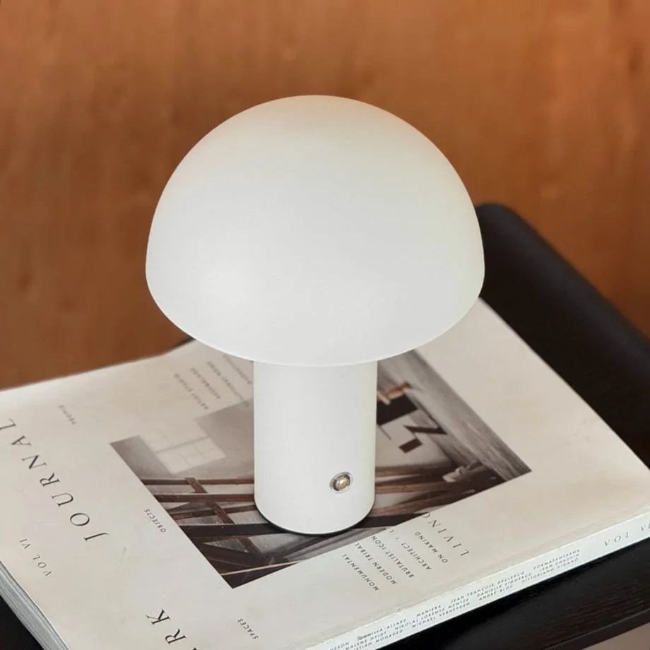 Close-up shot of the white mushroom lamp showcasing its clean lines and matte finish - RoomDen.