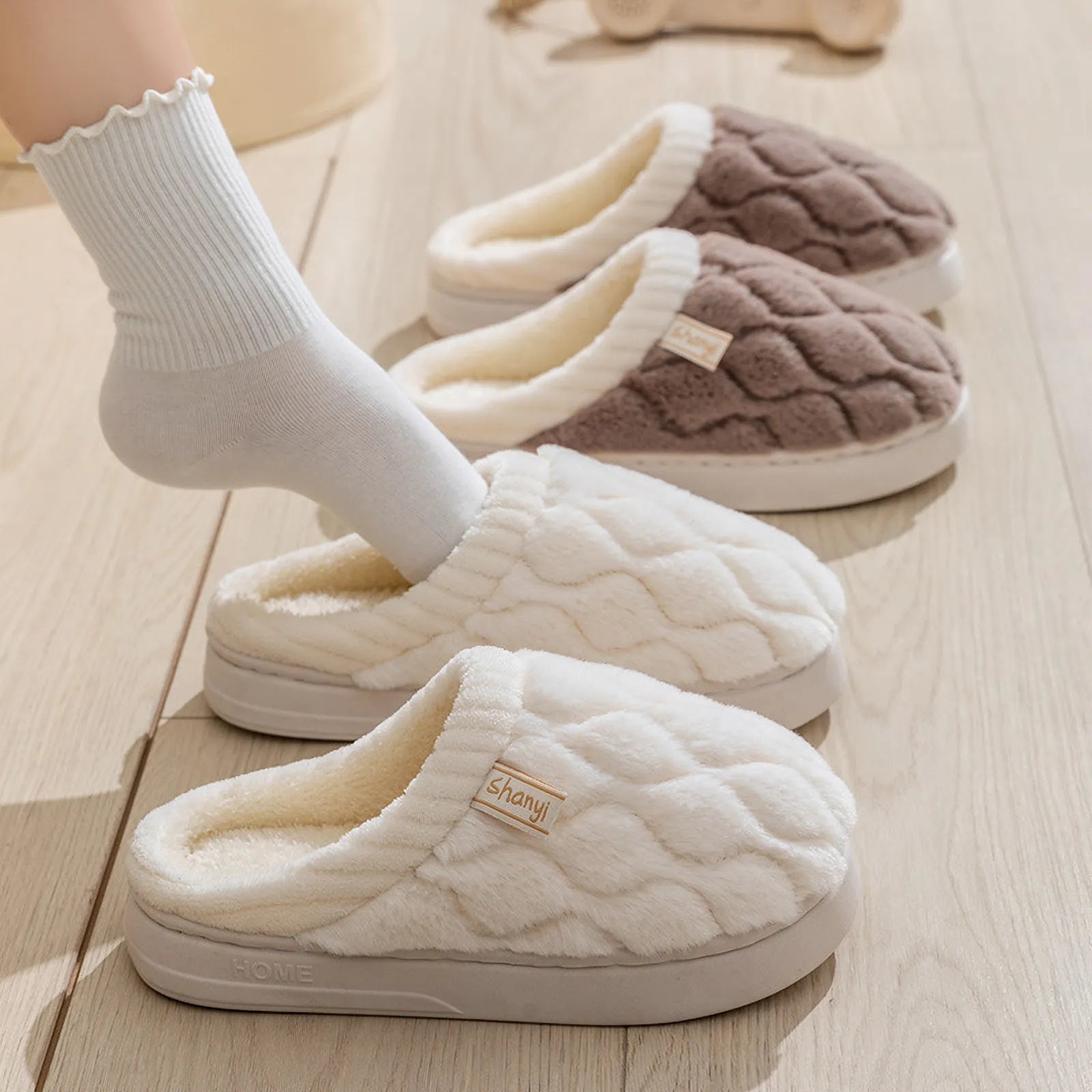 White and Brown textured cotton slippers styled in a cozy bedroom setting - RoomDen