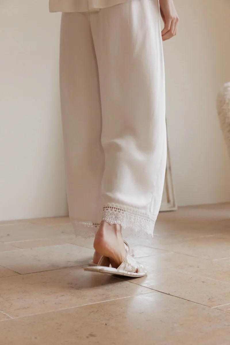 White Wide Leg Pajama Pants with Lace Hem Detail - RoomDen