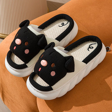 Waffle Textured Embroidered Pig Linen House Slippers