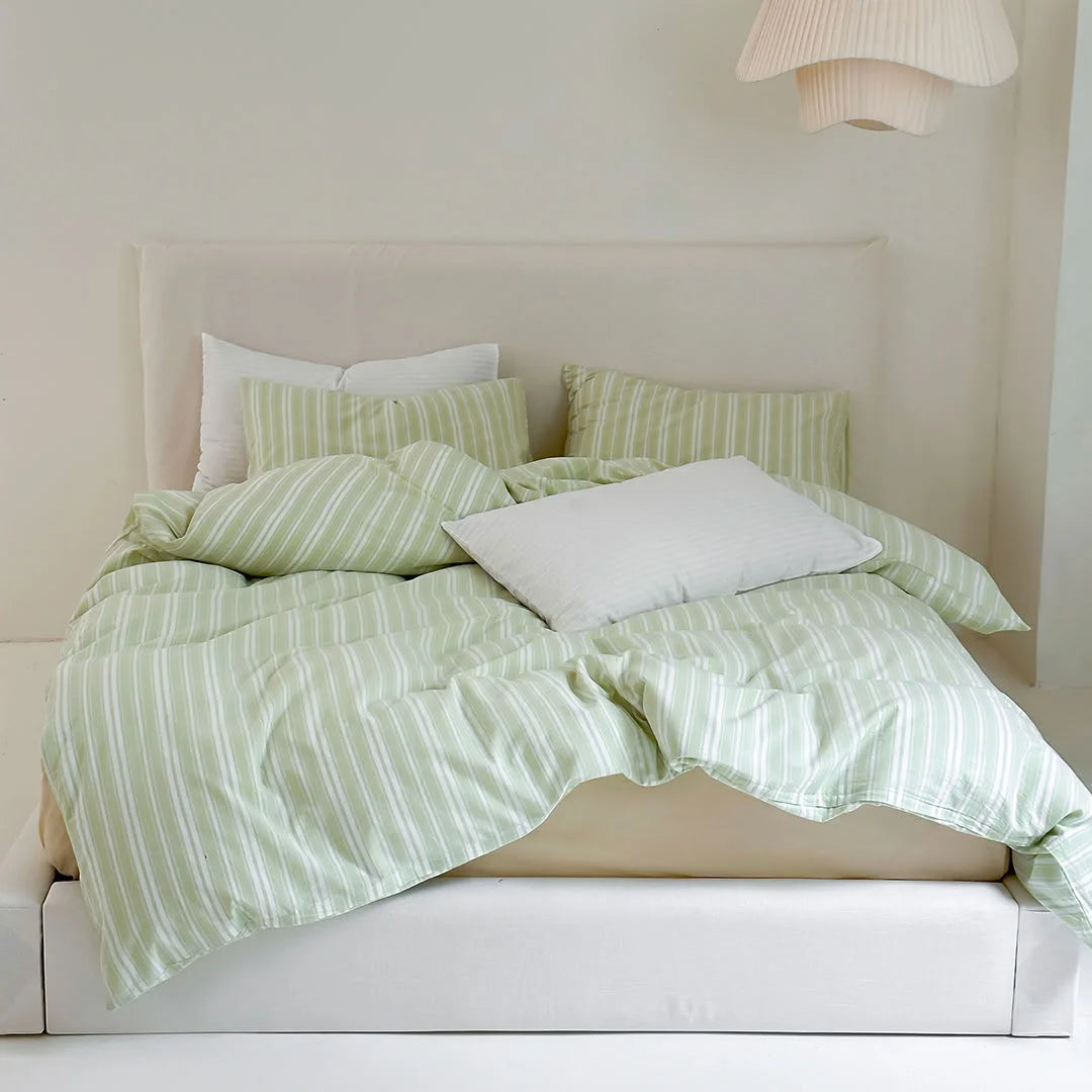 Sage Green Pinstripe Duvet Cover and Pillowcases Front View - RoomDen