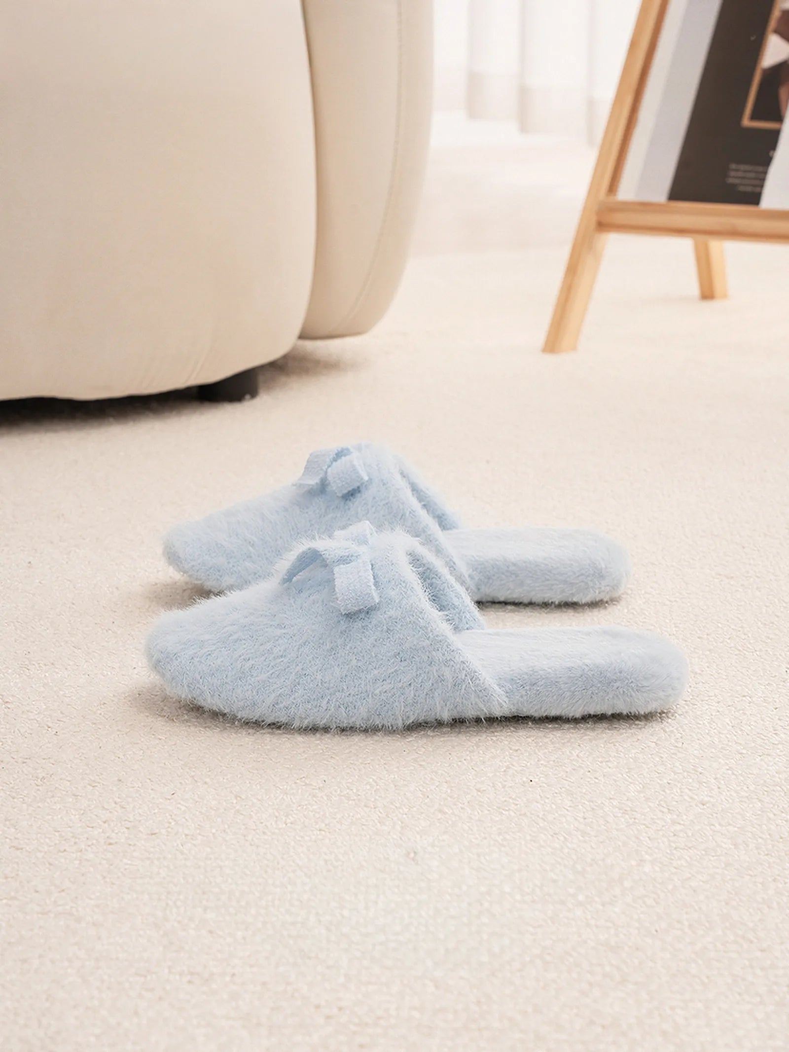 Blue Soft Slippers on Beige Carpet Lifestyle - RoomDen