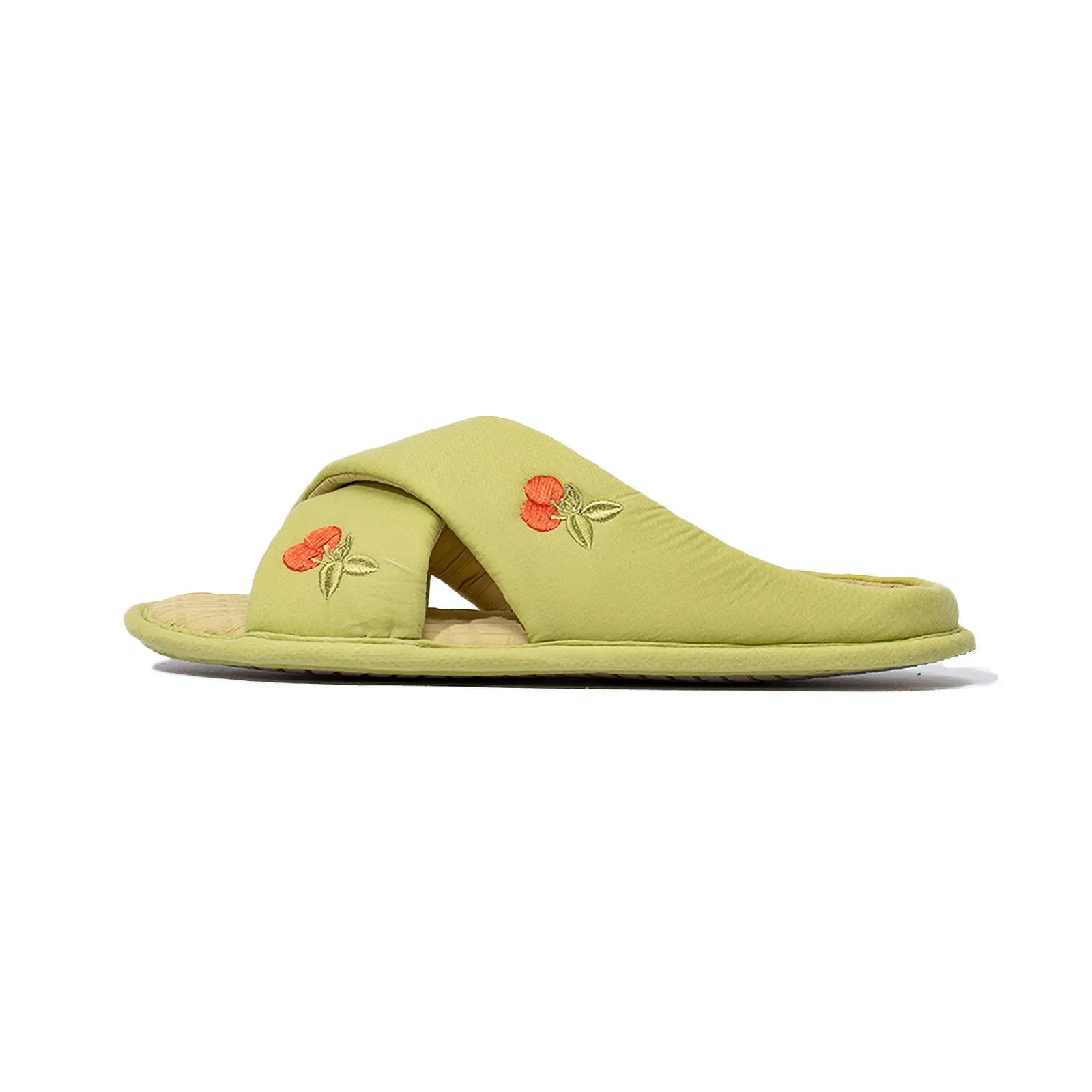 Side profile of green cherry slippers showing cross-band strap - RoomDen
