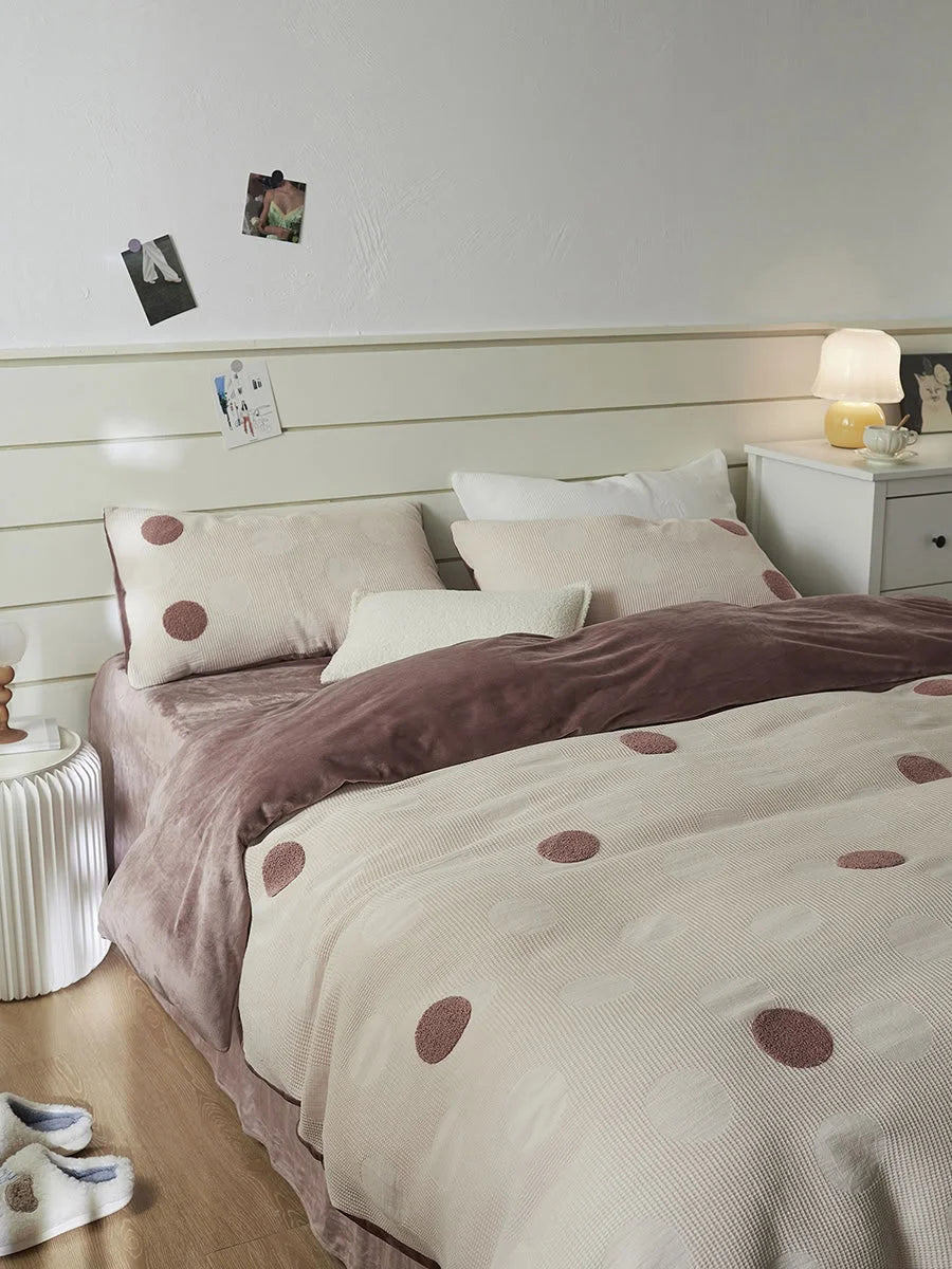 Full view of the Dusty Rose Polka Dot bedding set in a bright, cozy bedroom setting. - RoomDen