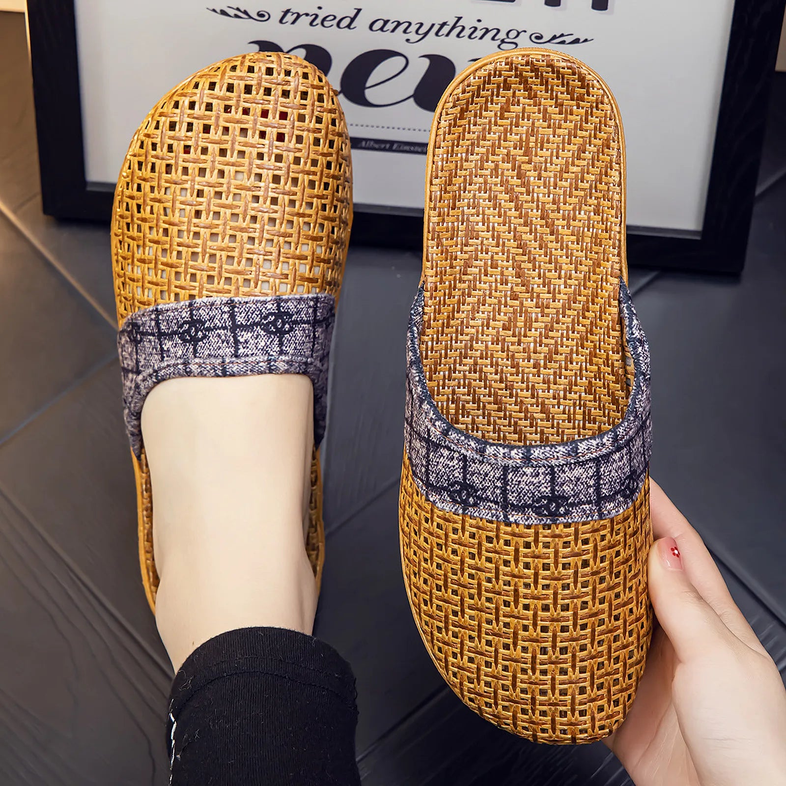 Single Cooling Plaid Natural Rattan House Slipper in brown colorway flat lay - RoomDen