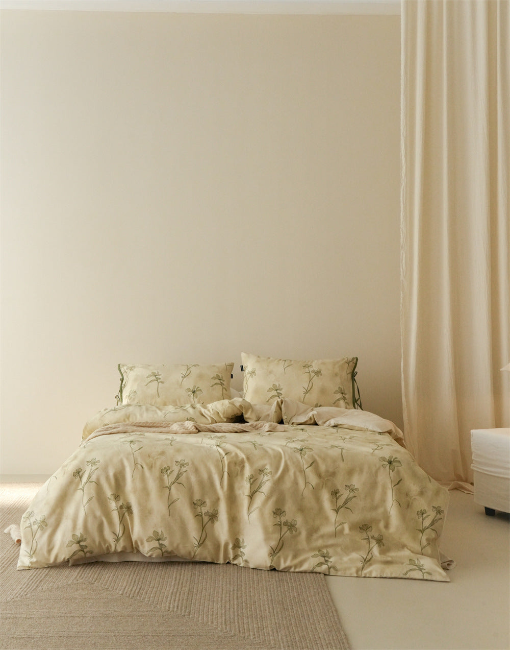 Stillgarden Soft Green Vine Cotton Linen Bedding Set – Full bed view with soft green vines and green ties - Roomden