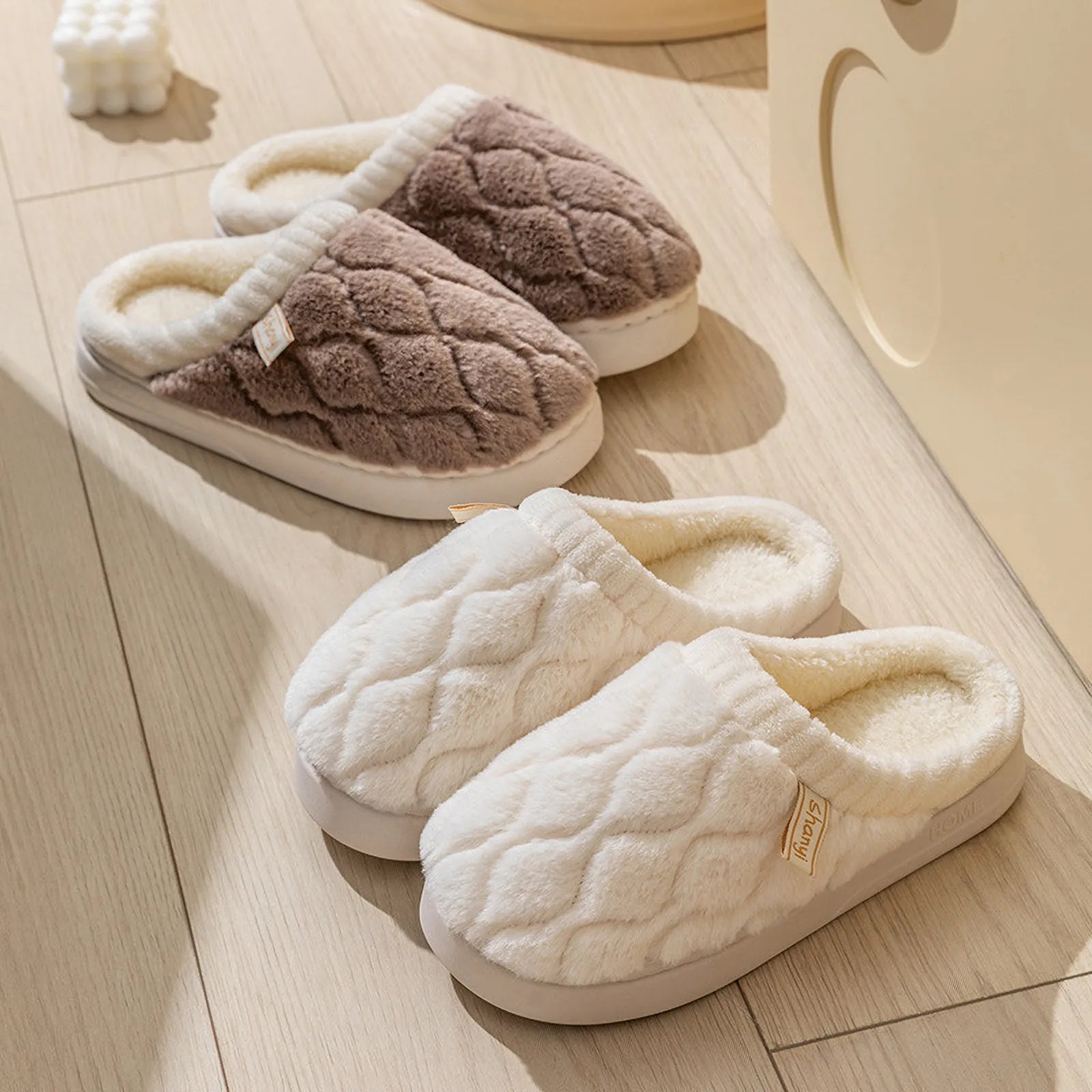 Pair of Mocha Brown and Cream White quilted slides showing soft lining detail - RoomDen