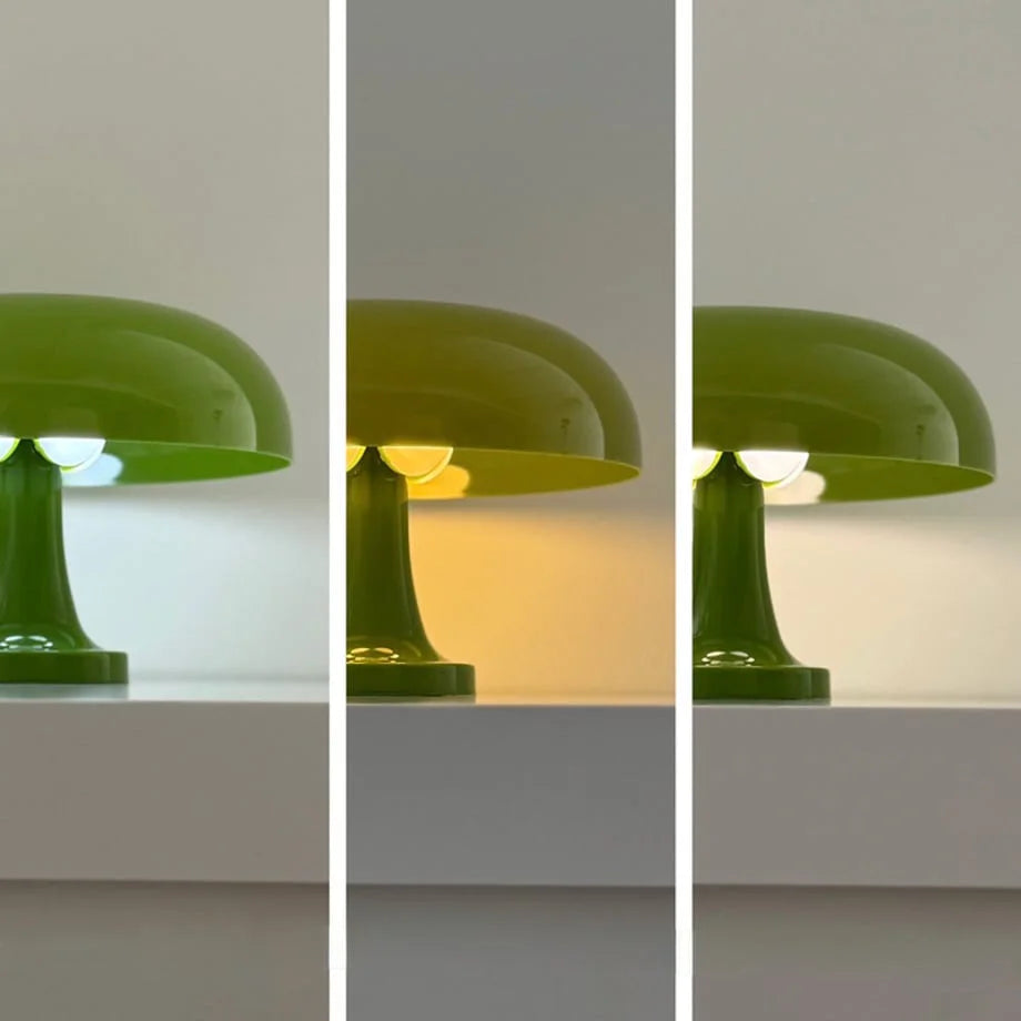 The lime green mushroom lamp displaying its warm, natural, and white light options - RoomDen.