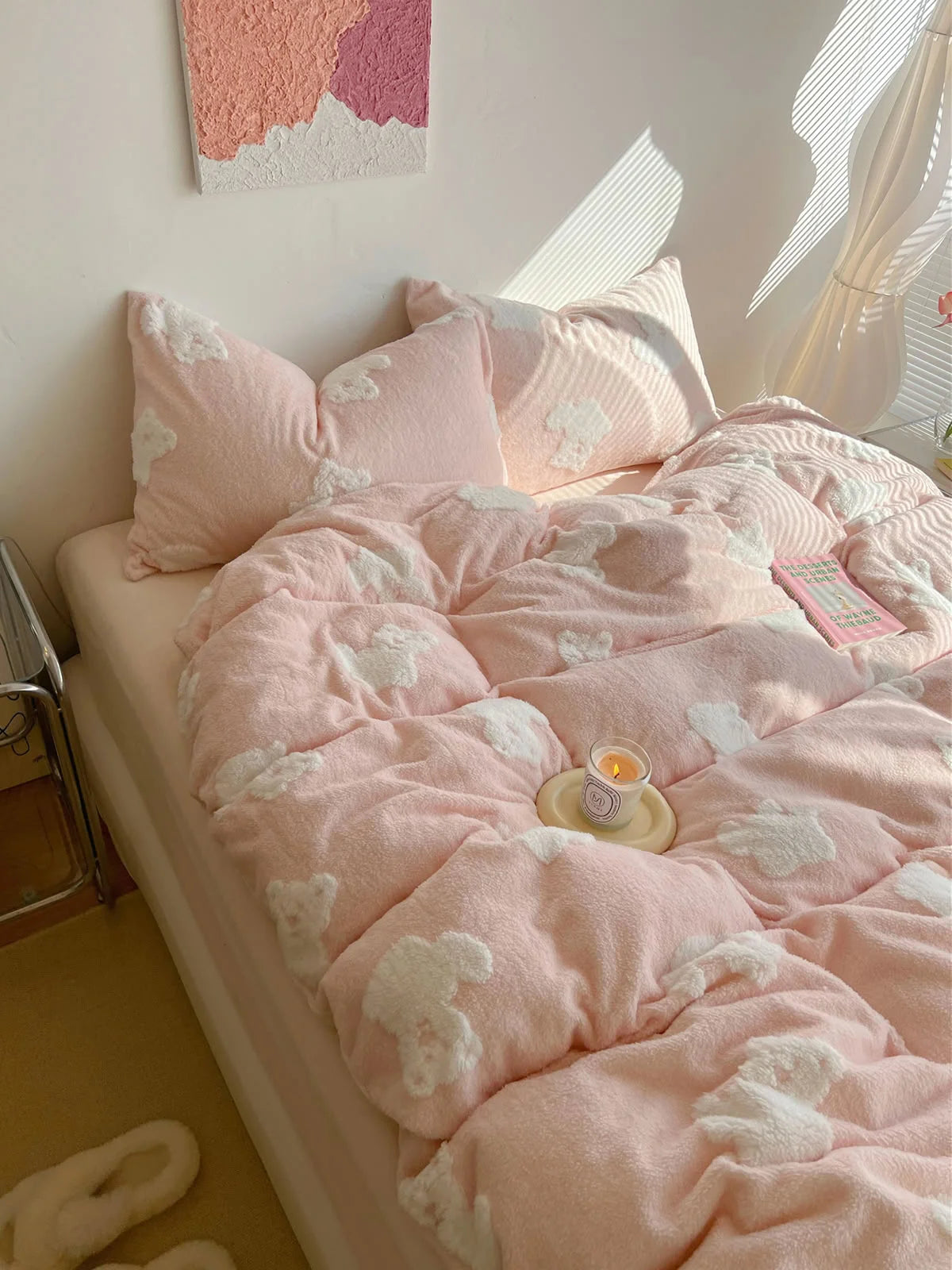 A beautifully styled bed with the blush pink teddy bear flannel fleece bedding, creating a soft and inviting atmosphere. - RoomDen