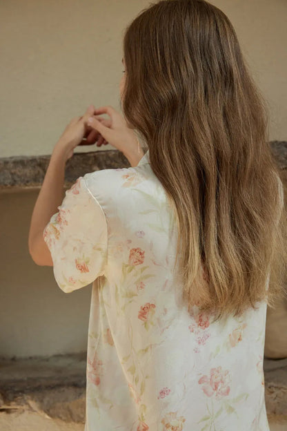RoomDen Romantic Floral Print Sleepwear - Back view highlighting hair and fabric drape