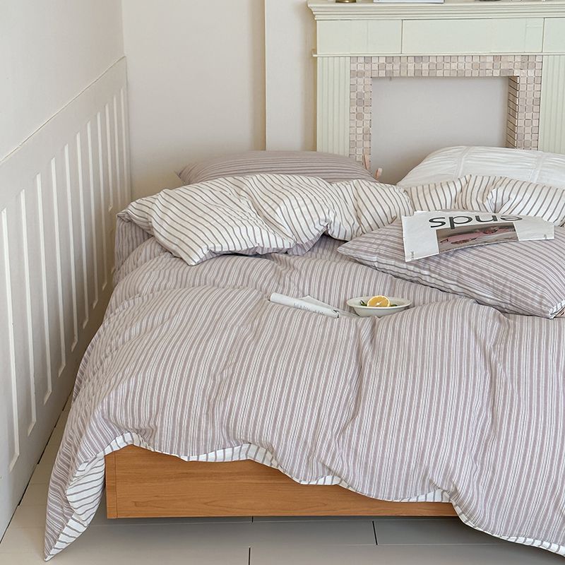 Washed Cotton Bow-Tie Pinstripe Bedding Set - Gray
