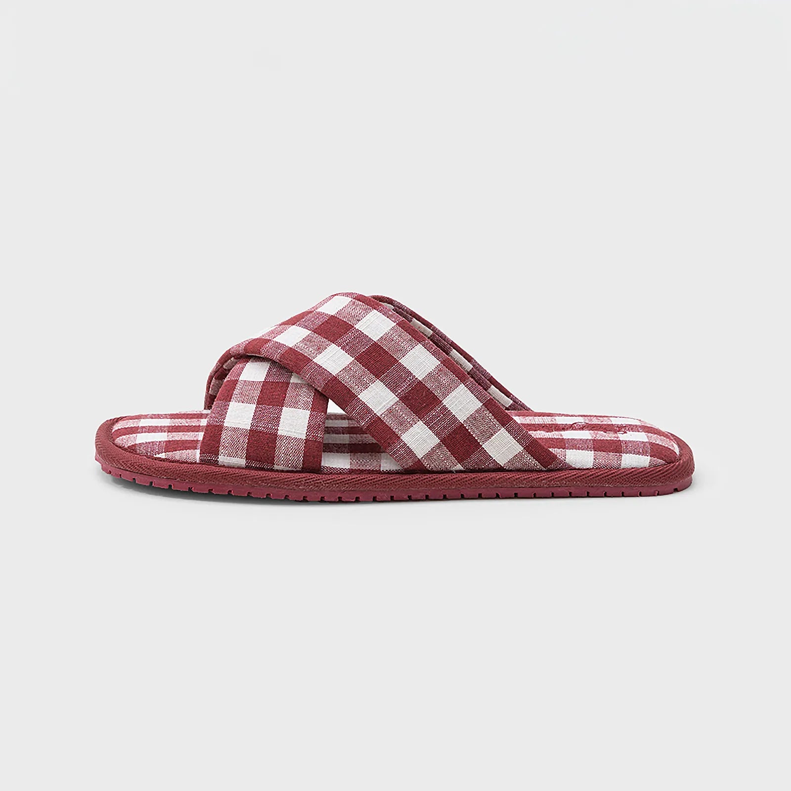 Side profile view of Red Gingham Cotton House Slippers - RoomDen