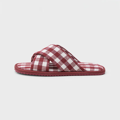 Side profile view of Red Gingham Cotton House Slippers - RoomDen