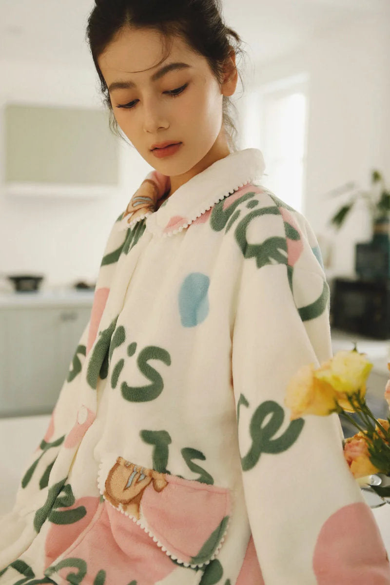 Detail Shot of Lace Trim Pocket and Fuzzy Texture on Pajama Top - RoomDen