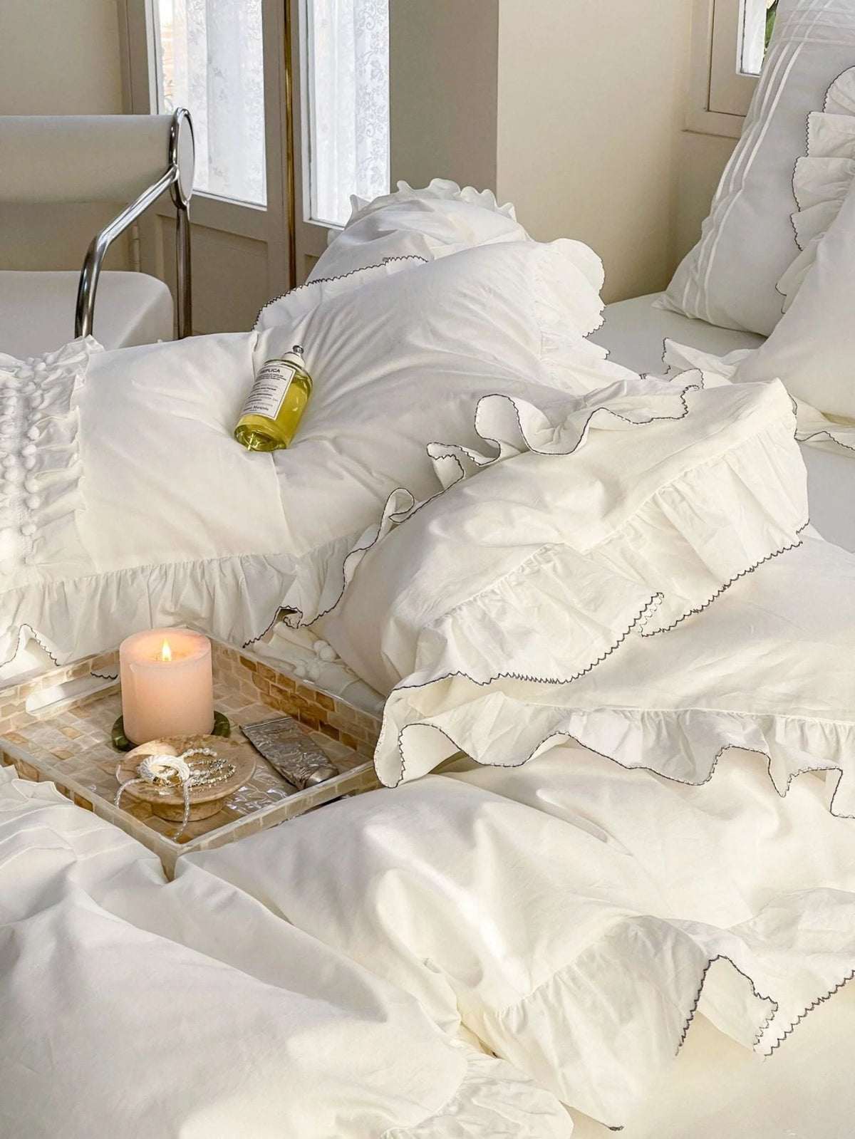 Lace-Trim Ruffle Washed Cotton Bedding Set, Ivory Cream, fabric and pillow details - Roomden